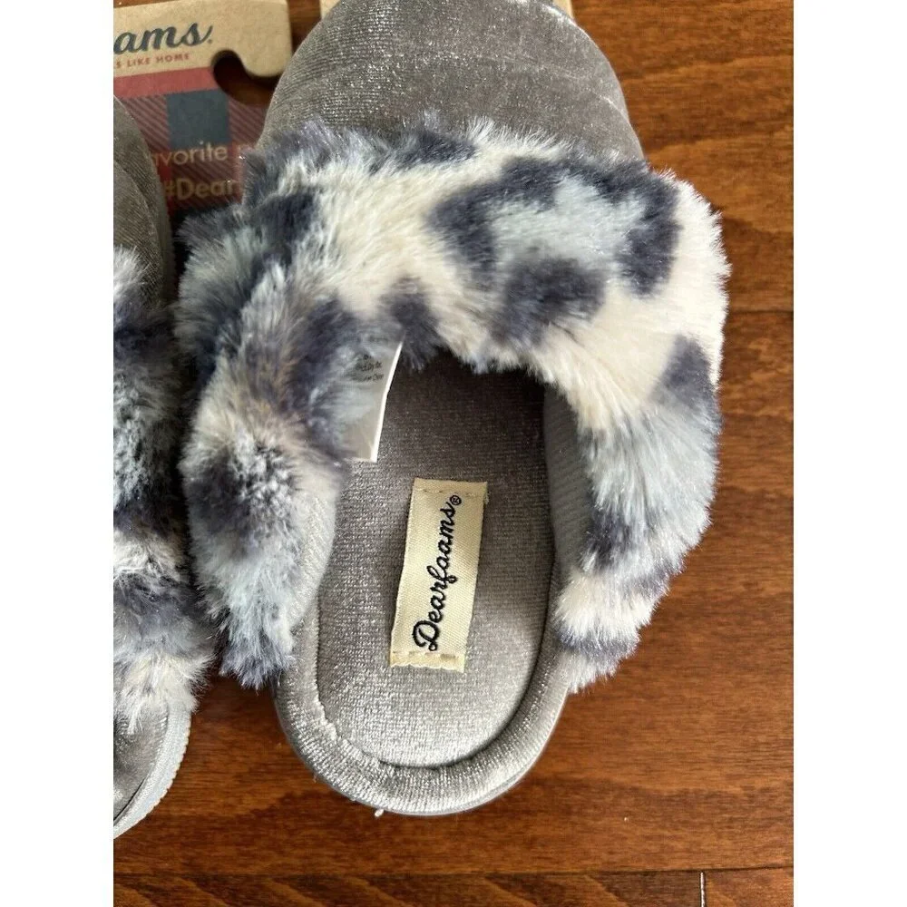 Dearfoams Kids Toddler‎ Little Kids Gray Fuzzy Cheeta Print Slippers NEW 7-8 US